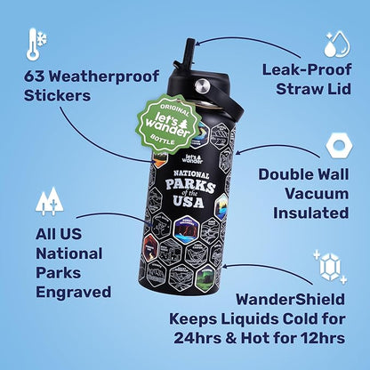 LET'S WANDER National Parks Water Bottle with 3 Lids & 63 Waterproof Stickers - 32oz Leakproof Insulated Stainless Steel with Straw - USA Hiker Gift Bottle (Black)