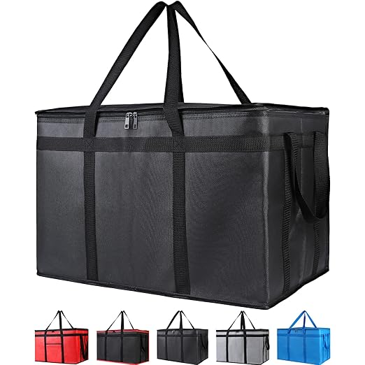 2-Pack Insulated Food Delivery Bag for Hot and Cold Meal, XXXL, Black, Grocery Tote Insulation Bag for Catering, Large Pizza Warmer