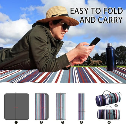 HX&OD Large Picnic Blanket Outdoor 80”x60” Waterproof Picnic Mat Foldable 3-Layer Camping Blanket Portable with Carry Strap Park Blanket for Grass(Red)