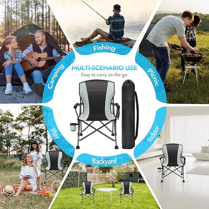 Oversized Folding Camping Chair for Adults, Supports 450 LBS Camping Chairs, Heavy Duty Camping Chair with Side Pockets, Foldable Outdoor Chair for Camping, Beach, Fishing, Hiking, Black-Gray