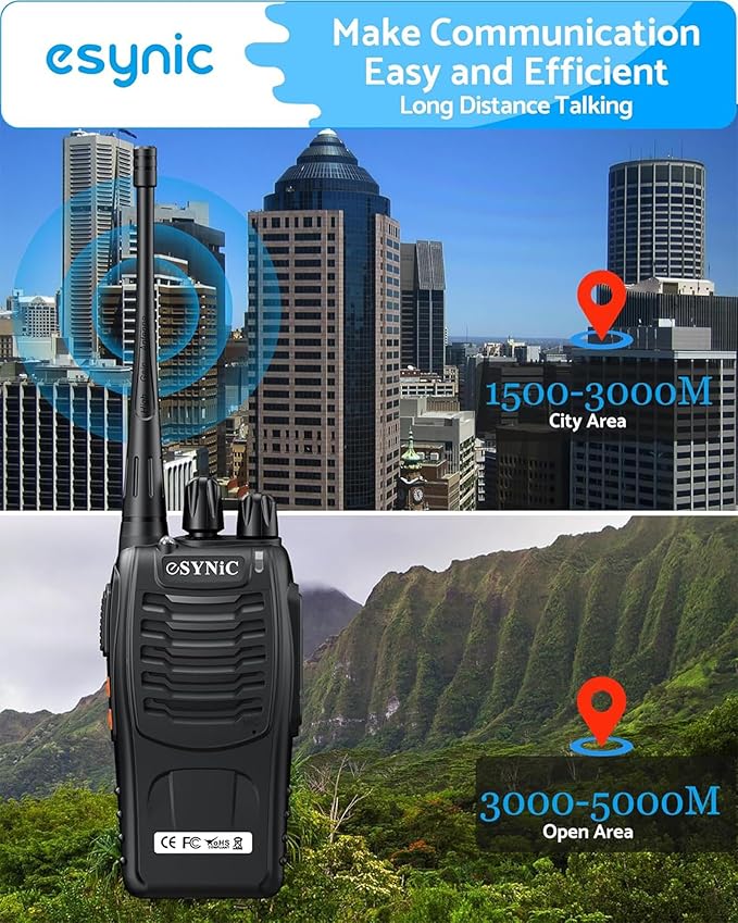 eSynic 4 Pack Professional Walkie Talkies VOX Walky Talky 5KM Long Range 2 Way Radio Rechargeable 16CH Handheld Radio with 4 Headsets for Camping/Hiking/Family/Job Site As Gifts for Kids& Adults