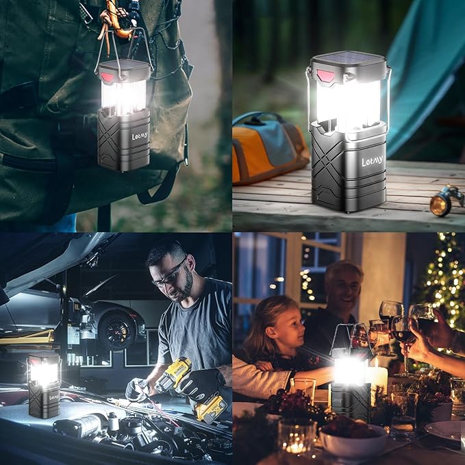LETMY 4 Pack Camping Lantern, Rechargeable LED Lanterns, Solar Lantern Battery Powered Hurricane Lantern Flashlights with 3 Powered Ways & USB Cable for Emergency, Power Outage, Hurricane Supplies