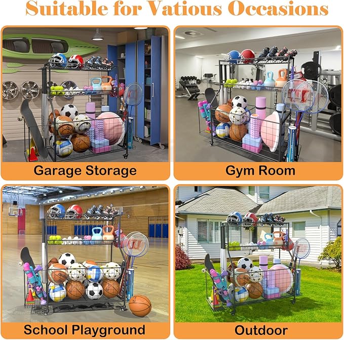Sport Equipment Organizer, Garage Ball Storage Racks - Outdoor Toy Storage with 2 Side Racks & Removable Baskets, Heavy-Duty Garage Rolling Ball Cart with Wheels, Hooks for Sports Gear, Toys