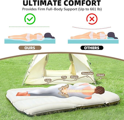 KMZ SUV Air Mattress Double Sided Thickened Flocking Car Bed – Portable Inflatable Mattress Pad for Camping & Travel with 2 Pillows & Electric Pump (Off-White and Coffee)