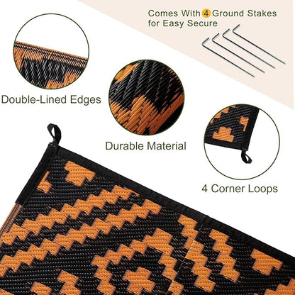 OPPODREAM Outdoor Rug 8x10 Patio Waterproof, Large Outdoor Plastic Straw Rug, Reversible Out Door Carpet for Camping, Deck, Rv, 8 x 10 Area Carpet for Balcony, Porch, Backyard, Black and Orange