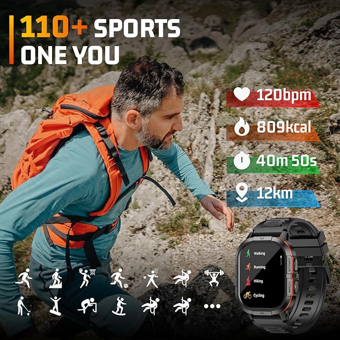 Smart Watches for Men-2.06”AMOLED(Answer/Make Calls), IP68 Fitness Activity Step Tracker with Sleep Monitor/110+ Sports Modes, Tactical SmartWatch for Android iOS Samsung Compatible (Orange, 2.06)