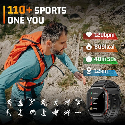 Smart Watches for Men-2.06”AMOLED(Answer/Make Calls), IP68 Fitness Activity Step Tracker with Sleep Monitor/110+ Sports Modes, Tactical SmartWatch for Android iOS Samsung Compatible (Orange, 2.06)