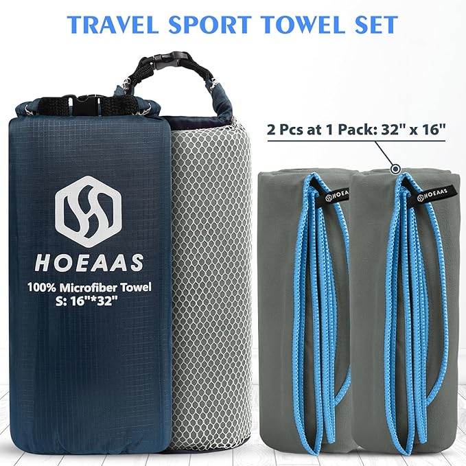 HOEAAS 2 Pack Microfiber Camping Towels, Quick Dry Towel, Super Absorbent Ultra Compact Travel Towel Soft Lightweight Sports Towel for Sweat Fast Drying Towels for Pool,Gym,Hiking,Backpacking,Fitness