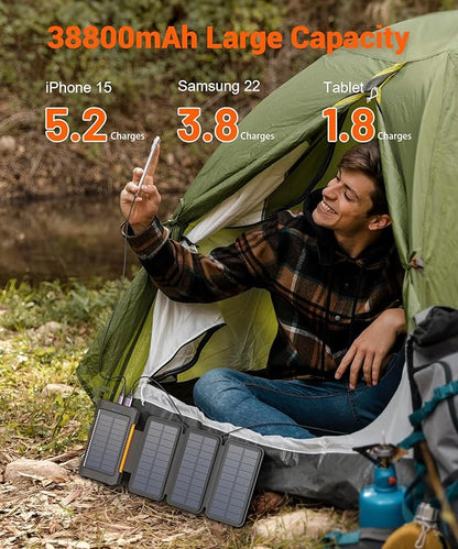 Solar Power Bank 38800mAh with 4 Solar Panels, Portable Charger USB C 18W Fast Charge for iPhone Samsung, IP67 Waterproof Outdoor External Battery Pack with Flashlight Light/SOS/Strobe