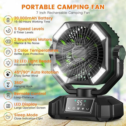 Camping Fan Rechargeble - Portable Battery Powered Fan 20000mAh with LED Lantern Light, Oscillating Tent Fan with Remote, USB Output, Dual Motor, Camping Fans for Tents, Travel, Home (Forest Green)