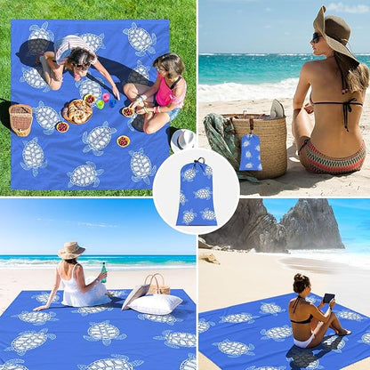 Beach Blanket Waterproof Sandproof, Blue Baby Sea Turtle Polyester Beach Mat Sand Free for 1-4 Adult, Extra Large 9×10 FT Portable Compact Picnic Blankets for Outdoor, Travel,Camping,Hiking