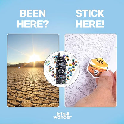 LET'S WANDER Original Lets Wander National Parks Water Bottle with 63 Waterproof Stickers - 32oz Leakproof Insulated Stainless Steel with Straw - USA Hiker Gift Bottle (Black)