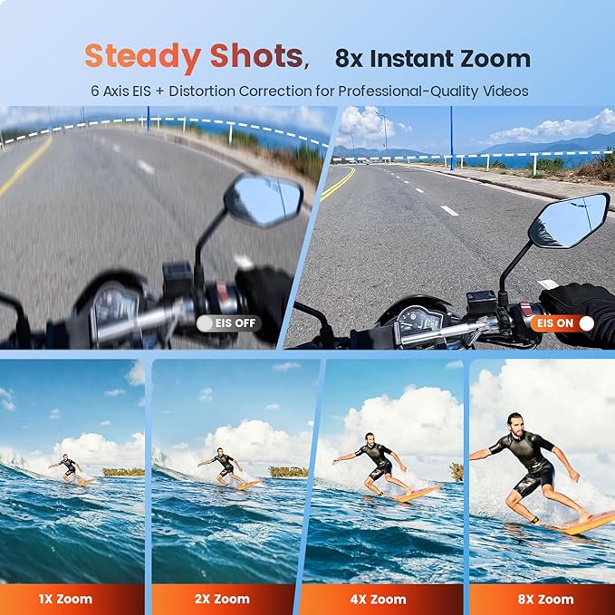 4K 60FPS 48MP WiFi Action Camera with Touch Screen, 50FT Underwater Waterproof Camera, No Case Needed, EIS Motorcycle Camera, 8X Zoom, 64GB Card, Remote Control, Batteries & Mounting Kits