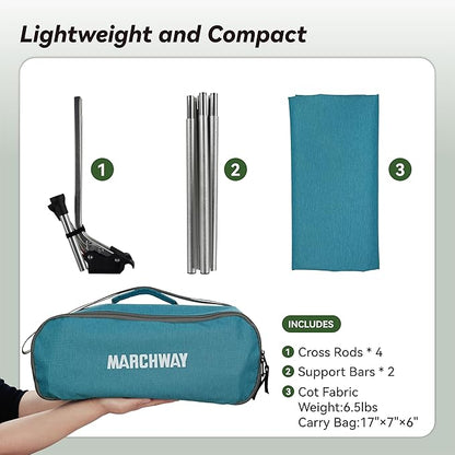 MARCHWAY Lightweight Folding Tent Camping Cot Bed with Lever Lock, Easy Setup Portable Compact for Outdoor Travel, Hunting, Hiking, Motorcycling, Support 330Lbs (Blue)