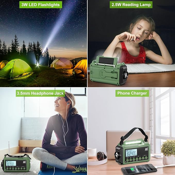 Raynic Emergency Radio, 12000mAh/44400mWh Battery Operated Weather Radio, Solar Hand Crank Radio with AM/FM/SW/NOAA Alert, Cell Phone Charger, Type-C Charging, Flashlight and SOS Siren