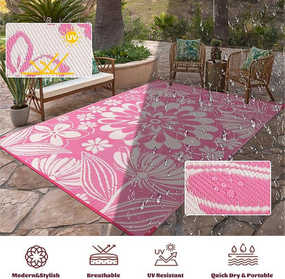 Ileading Outdoor Plastic Straw Rug 6x9ft Funny Floral Style Reversible Patio Area Rugs Waterproof Non Shedding Portable Carpets for Rv Outside Deck Pool Beach Picnic Camping (Pink)