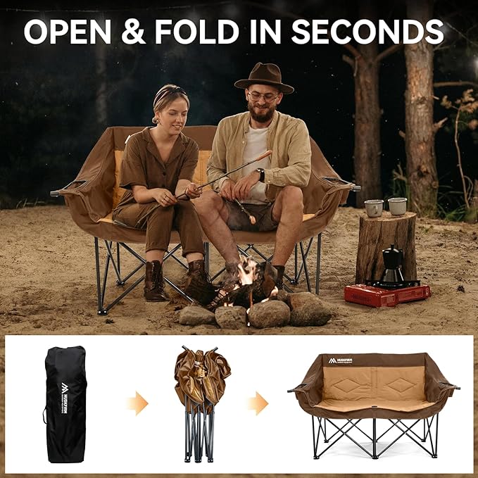 Double Camping Chairs for Adults Oversized Loveseat - 2 Person Camping Chair Heavy Duty Outdoor Camping Couch with Cup Holders - Portable Folding Chair for Outside Lawn, Brown