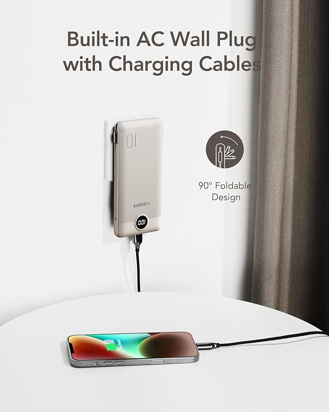 VEGER Portable Charger with Built-in AC Plug and Cables, All in One 10000mAh Ultra-Slim Power Bank, 15W Fast Charging for iPhone, Samsung, Android, Travel Essential (Coffee)