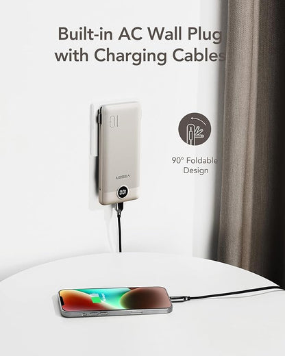 VEGER Portable Charger with Built-in AC Plug and Cables, All in One 10000mAh Ultra-Slim Power Bank, 15W Fast Charging for iPhone, Samsung, Android, Travel Essential (Coffee)