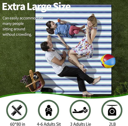 Lightweight Waterproof 60x80'' Picnic Blankets Huge Anti Sand Packable Beach Grass Park Matt Fold up Camping Tent Rug for Inside Summer Camp Roadtrip Gear Backpacking Travel Trailer Essential