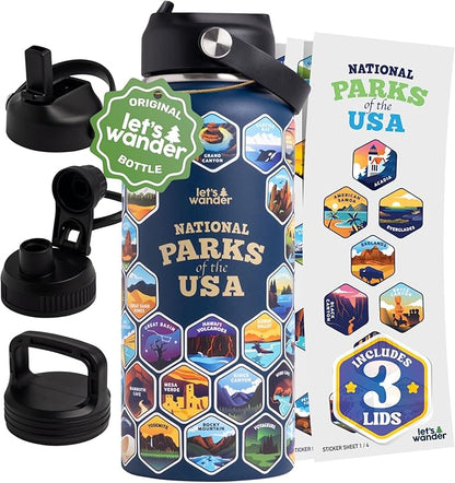 LET'S WANDER National Parks Water Bottle with 3 Lids & 63 Waterproof Stickers - 32oz Leakproof Insulated Stainless Steel with Straw - USA Hiker Gift Bottle (Blue)