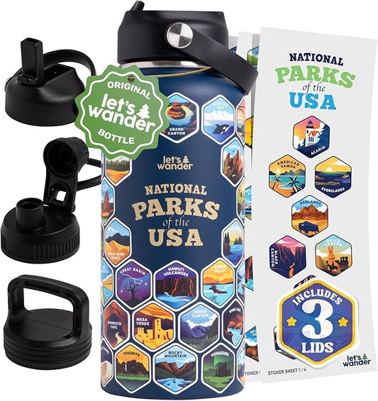 LET'S WANDER National Parks Water Bottle with 3 Lids & 63 Waterproof Stickers - 32oz Leakproof Insulated Stainless Steel with Straw - USA Hiker Gift Bottle (Blue)