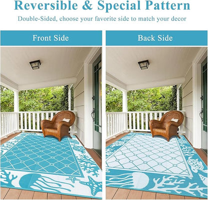 Vaukki Reversible Rugs, Plastic Straw Outdoor Doormat, Fade Resistant Plastic Outdoor Patio Mat, Lightweight Ocean Area Carpet for Patio, RV, Camping, Beach, Deck, Backyard and Picnic (Teal, 8'x10')