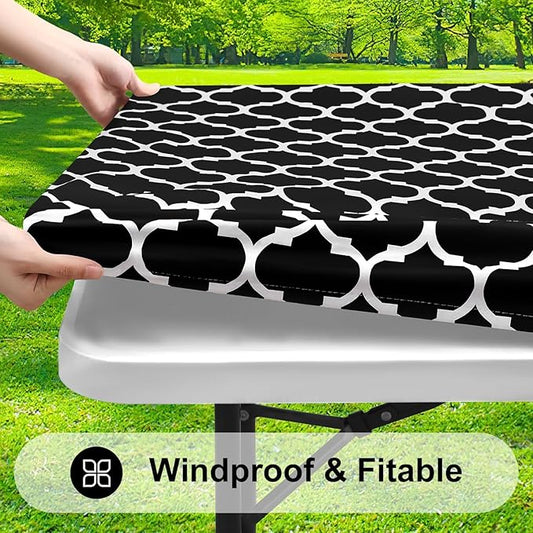 Smiry Rectangle Picnic Table Cover, Waterproof Elastic Fitted Camping Tablecloths for 6 Foot Tables, Wipeable Flannel Backed Vinyl Tablecloth Protector for Indoor, Outdoor (Black, 36x72 Inches)
