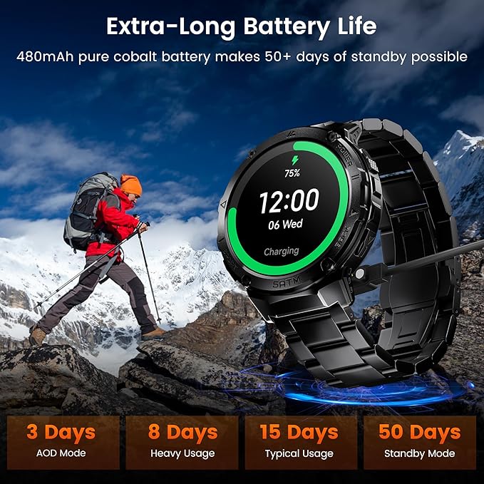 Smart Watches for Men GPS, Pressure,Altitude,Compass, 480mAh Large Battery, 50M Waterproof, Full Metal Body Smartwatch, Bluetooth Calling, 24/7 Health Monitoring, for Android & iOS(2 Bands)