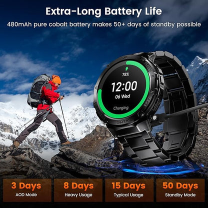 Smart Watches for Men GPS, Pressure,Altitude,Compass, 480mAh Large Battery, 50M Waterproof, Full Metal Body Smartwatch, Bluetooth Calling, 24/7 Health Monitoring, for Android & iOS(2 Bands)