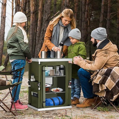 EAGLE PEAK Outdoor Folding Camping Table with Large 3-Tier Storage Organizer and Side Pockets, Easy Set Up Portable Aluminum Camping Kitchen, Green