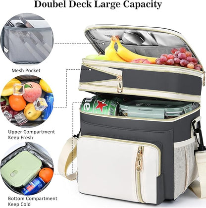 Lunch Box & Lunch Bag for Women Men, Large Insulated Adult Lunch Box Leakproof Lunchbox Cooler Bag for Work Picnic Beach,16L, Grey & White