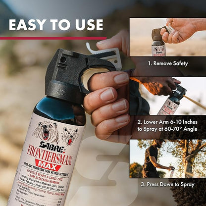 SABRE Frontiersman MAX Bear Spray – 40 ft Range, Maximum Strength, The Only EPA-Registered Spray for Bears & Mountain Lions, 7.9 oz, Glow Safety Clip, Outdoor Hiking & Camping Protection