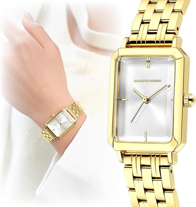 Roberto Marino RM1982 Women’s Luxury Watch Rectangular Gold – Japanese Quartz Movement, Vintage Stainless Steel Design, Silver Dial, Elegant Dress Timepiece, 3ATM Water Resistant – Reloj para Mujer