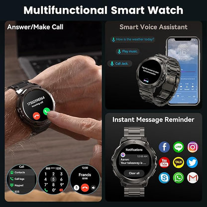 Smart Watches for Men GPS, Pressure,Altitude,Compass, 480mAh Large Battery, 50M Waterproof, Full Metal Body Smartwatch, Bluetooth Calling, 24/7 Health Monitoring, for Android & iOS(2 Bands)