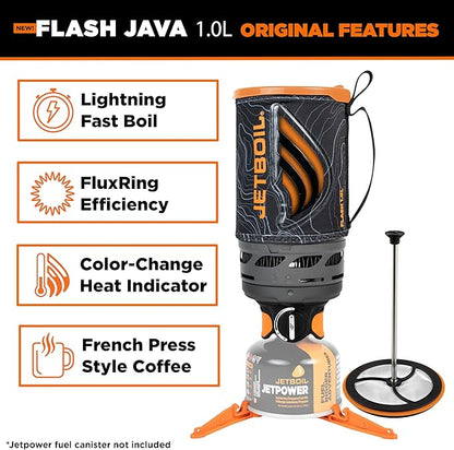 Jetboil Flash Java 1.0L Portable Fast Boil Stove with Silicone French Press and 1-Step Auto Ignition for Camping and Backpacking, New for 2025, Propane/Isobutane Burner with Cooking Cup, Topo