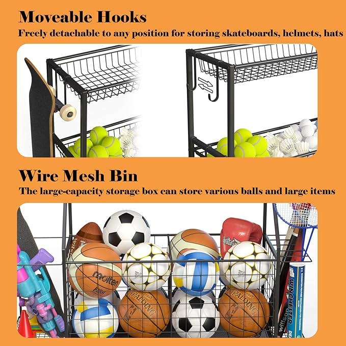 Sport Equipment Organizer, Garage Ball Storage Racks - Outdoor Toy Storage with 2 Side Racks & Removable Baskets, Heavy-Duty Garage Rolling Ball Cart with Wheels, Hooks for Sports Gear, Toys