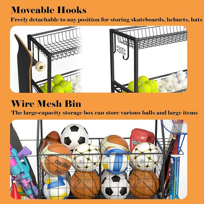 Sport Equipment Organizer, Garage Ball Storage Racks - Outdoor Toy Storage with 2 Side Racks & Removable Baskets, Heavy-Duty Garage Rolling Ball Cart with Wheels, Hooks for Sports Gear, Toys