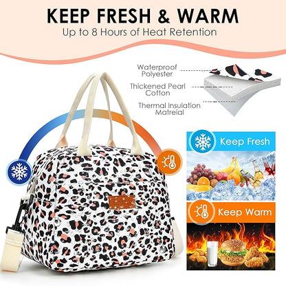 LOKASS Lunch Box for Women-Insulated Adults Lunch Bag with Removable Shoulder Strap&Front Pocket，Cute Lunch Tote for Work-Reusable Leopard Print Cooler Bag for Office Picnic Beach or Travel