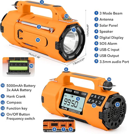 Emergency Weather Alert Radio FM/AM/SW/NOAA, Solar Hand Crank Radio with Replaceable Battery, USB-C Charging, Cell Phone Charger, SOS Alarm, Headphone Jack, Sleep Timer Clock for Survival