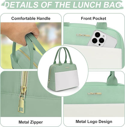 LOKASS Lunch Bag for Women-Insulated Adults Lunch Box with Front Pocket- Small Cute Lunch Tote for Work-Reusable Cooler Bag for Office Picnic Beach or Travel (Light Green)