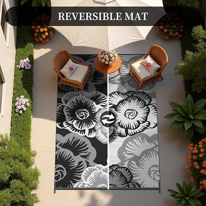 MontVoo Outdoor Rug-Waterproof Patio Rug Mat 5x8 ft Outdoor Carpet Mat Reversible Plastic Straw Outside Outdoor Rug for RV Camping Picnic Beach Balcony Backyard Pool Deck Porch Farmhouse Floral Black