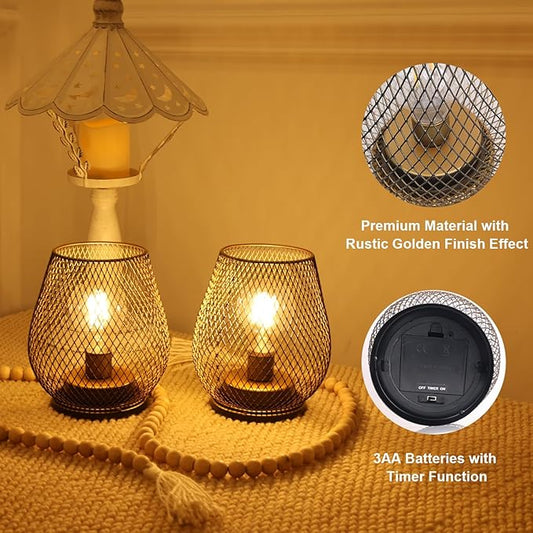 DECORKEY Set of 2 Battery Operated Lamp LED Table Lantern, Golden Metal Cage Cordless Lamps with LED Bulb，Vintage Decorative Outdoor Lantern for Weddings, Parties, Patio, Events for Indoor Shelf Decor