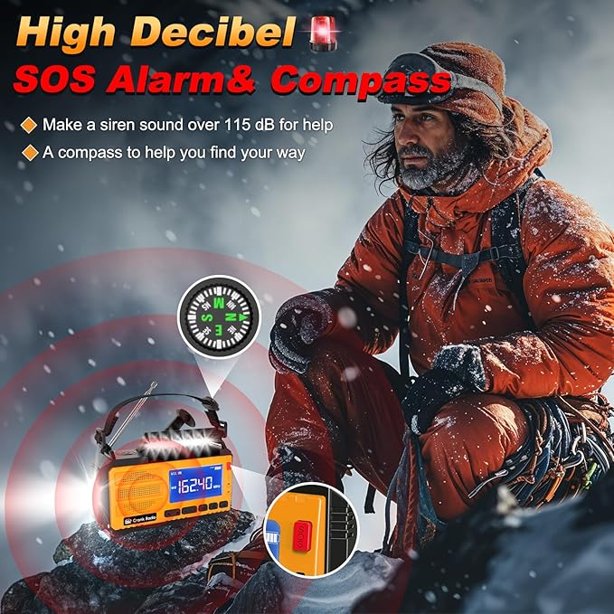 Emergency Crank Radio Solar Hand Crank Emergency Radio 37000mWh (10000mAh) AM/FM NOAA Weather Radio with LCD Display 3 Mode Flashlight SOS Alarm Compass Headphone Jack for Winter Storm Emergency