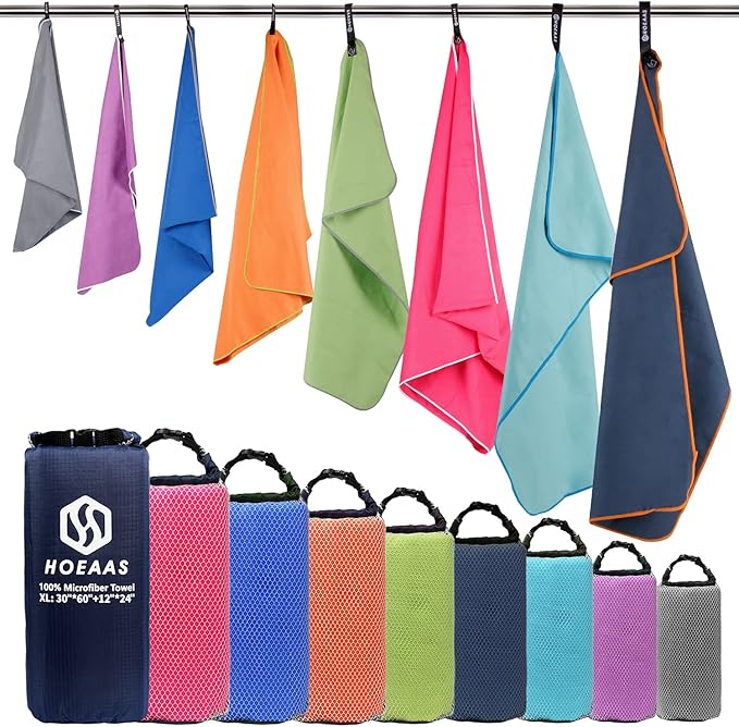 HOEAAS 2 Pack Microfiber Camping Towels, Quick Dry Towel, Super Absorbent Ultra Compact Travel Towel Soft Lightweight Sports Towel for Sweat Fast Drying Towels for Pool,Gym,Hiking,Backpacking,Fitness