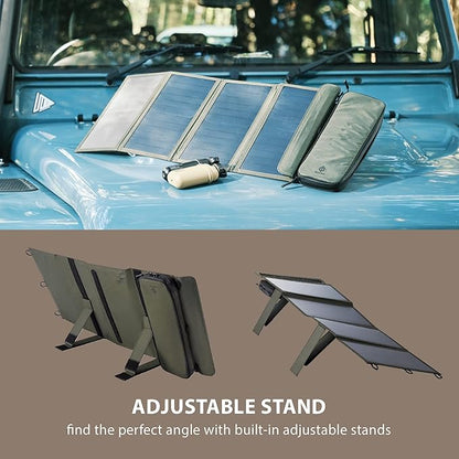 ELECOM NESTOUT Portable Solar Panel, Dual USB-A Ports, 28W Power Generation Charger for Phone Camping, Durable Water-Resistant Ripstop Nylon, Foldable Lightweight, Adjustable Stands (4-Panel)