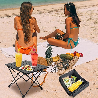 Foldable Camping Side Table, Ultralight Small Beach Aluminum, Portable Outdoor Table with Carry Bag and Storage for Picnic, Grill, Hiking, Fishing, Sand, Camping, Black