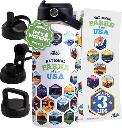 LET'S WANDER National Parks Water Bottle with 3 Lids & 63 Waterproof Stickers - 32oz Leakproof Insulated Stainless Steel with Straw - USA Hiker Gift Bottle (White)