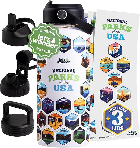 LET'S WANDER National Parks Water Bottle with 3 Lids & 63 Waterproof Stickers - 32oz Leakproof Insulated Stainless Steel with Straw - USA Hiker Gift Bottle (White)