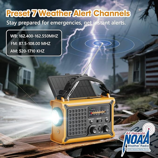 Raynic NOAA Weather Radio 12000mAh, Emergency Weather Radio with 2X Faster Solar & Hand Crank Charging, 5W Flashlight, Reading Lamp, Cell Phone Charger, SOS for Hurricane, Storm, Camping